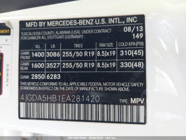 4JGDA5HB1EA281420 Mercedes-Benz Ml 350 4matic