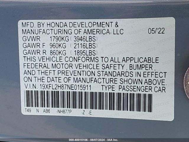 19XFL2H87NE015911 Honda Civic Sport