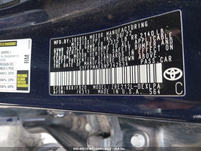 Toyota COROLLA LE 2022 5YFEPMAE6NP342634 Image 9