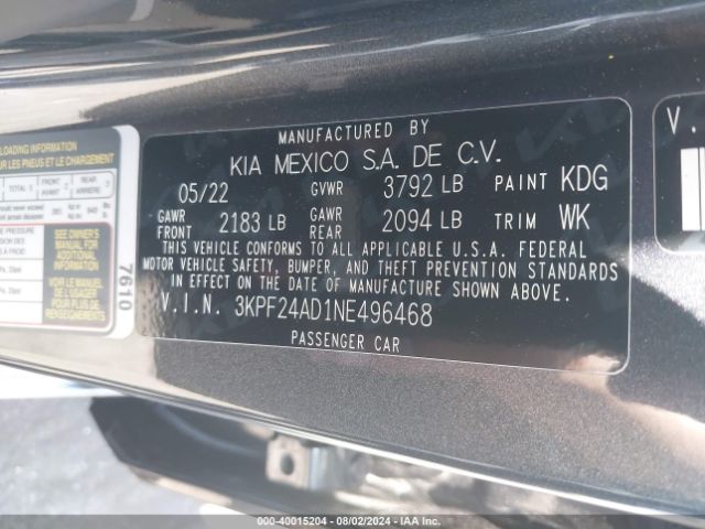 3KPF24AD1NE496468 KIA Forte Lxs