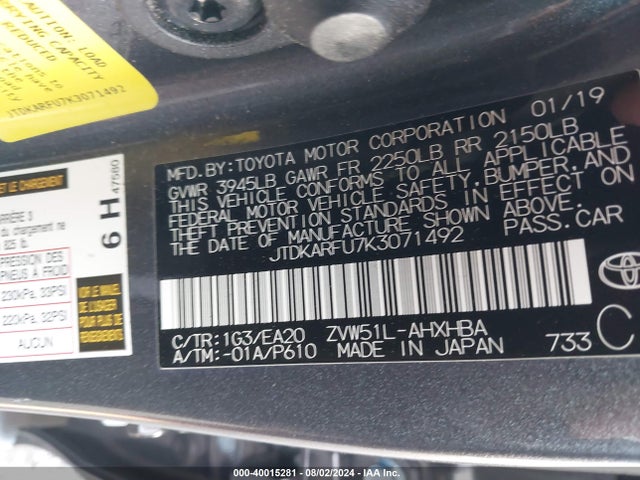 Toyota PRIUS XLE 2019 JTDKARFU7K3071492 Image 9