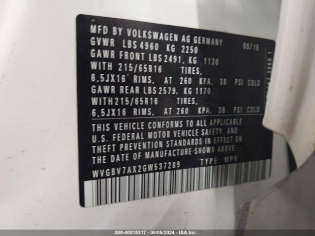 WVGBV7AX2GW537289 Volkswagen TIGUAN S