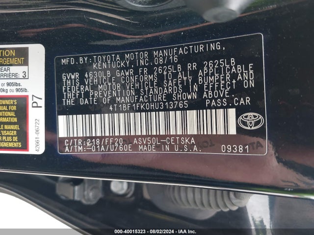 Toyota CAMRY SE 2017 4T1BF1FK0HU313765 Image 9