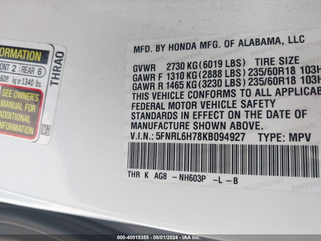 Honda Odyssey Ex-l 2019 5FNRL6H78KB094927 Image 9