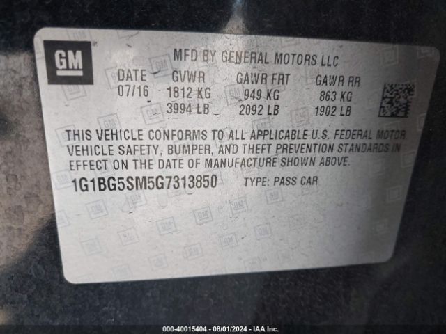 1G1BG5SM5G7313850 Chevrolet Cruze Premier Auto