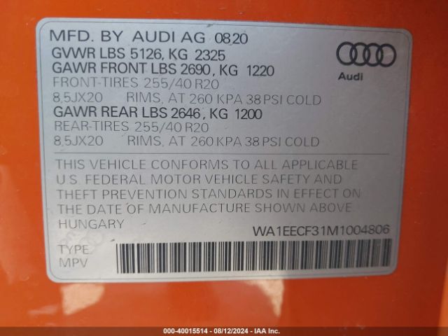 WA1EECF31M1004806 Audi Q3 Premium Plus 45 Tfsi S Line Quattro Tiptronic