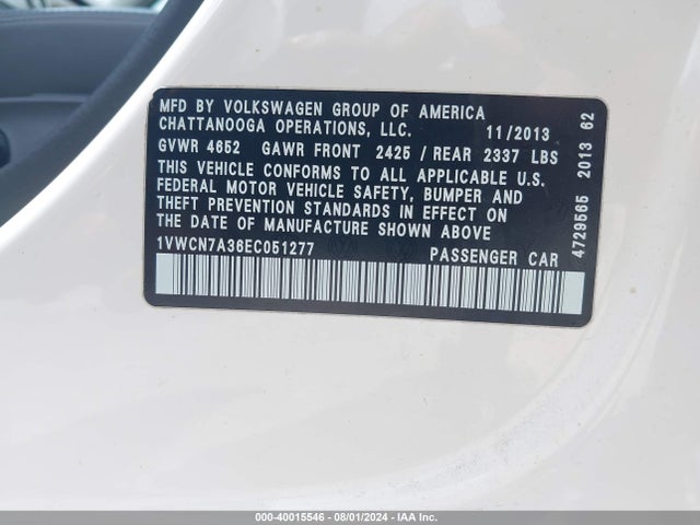 1VWCN7A36EC051277 Volkswagen Passat 2.0l Tdi Sel Premium