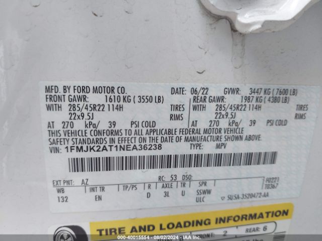 1FMJK2AT1NEA36238 Ford Expedition Limited Max