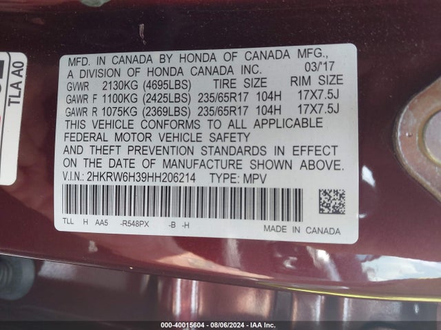 2HKRW6H39HH206214 Honda CR-V LX