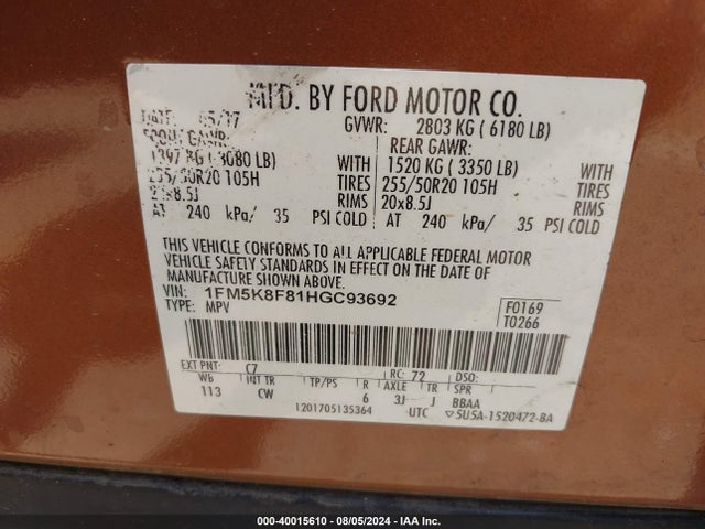 Ford Explorer Limited 2017 1FM5K8F81HGC93692 Image 9