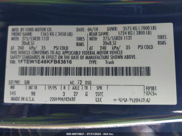 1FTEW1E48KFB83816 Ford F-150 Platinum