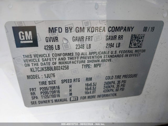 Chevrolet Trax Fwd Ls 2020 KL7CJKSB0LB024258 Image 9