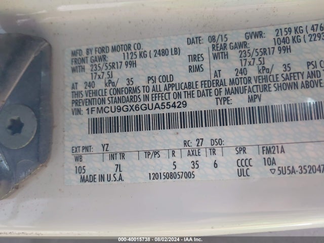 Ford ESCAPE SE 2016 1FMCU9GX6GUA55429 Image 9