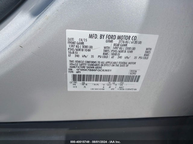 Ford Explorer 2015 1FM5K7B86FGC63651 Image 9