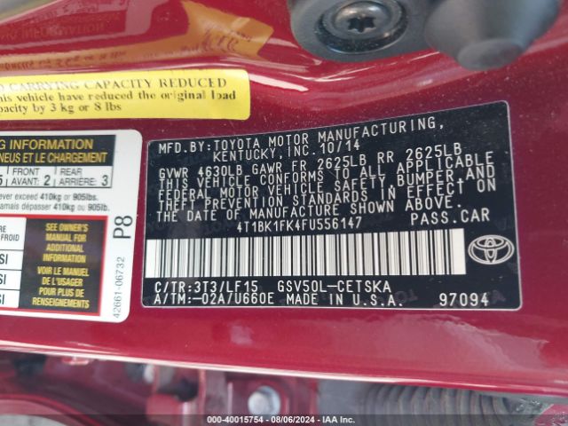 4T1BK1FK4FU556147 Toyota Camry Xse V6