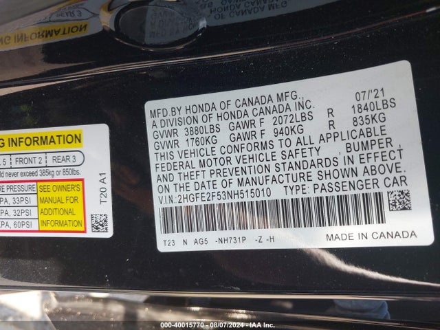 Honda Civic Sport 2022 2HGFE2F53NH515010 Image 9