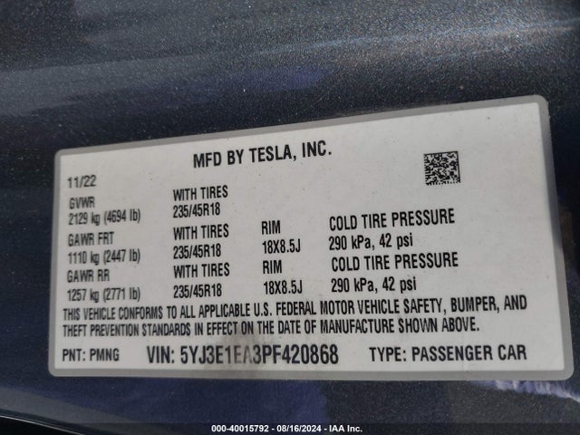 Tesla Model 3 Rear-wheel Drive 2023 5YJ3E1EA3PF420868 Image 9