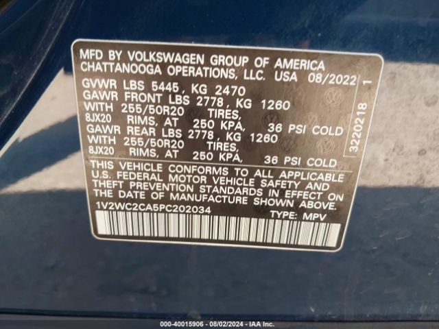 1V2WC2CA5PC202034 Volkswagen Atlas Cross Sport 2.0t Se W/technology