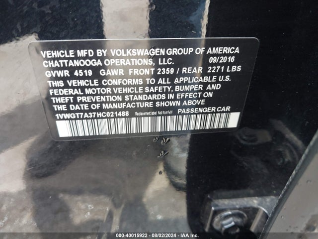 1VWGT7A37HC021488 Volkswagen Passat 1.8t Se