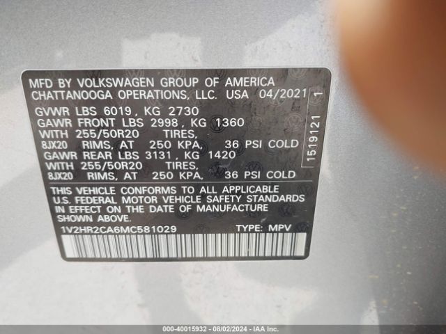 1V2HR2CA6MC581029 Volkswagen Atlas 3.6l V6 Se W/technology