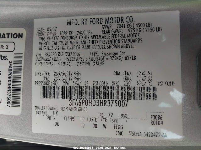Ford FUSION SE 2017 3FA6P0HD3HR375007 Image 9