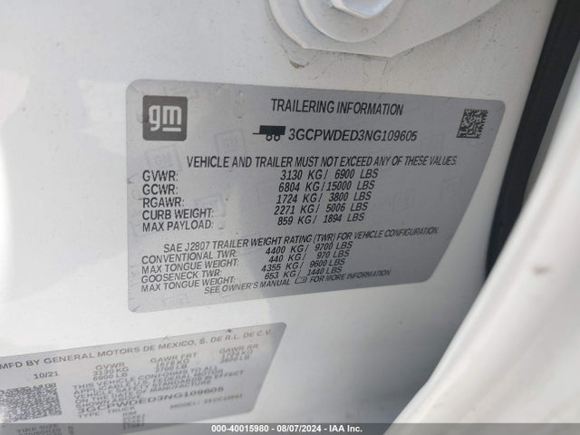 3GCPWDED3NG109605 Chevrolet Silverado 1500 Ltd 2wd  Short Bed Rst