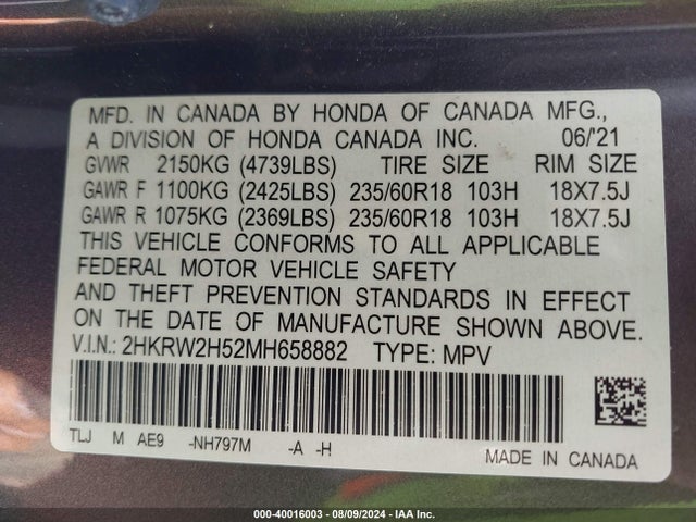 Honda Cr-v Awd Ex 2021 2HKRW2H52MH658882 Image 9