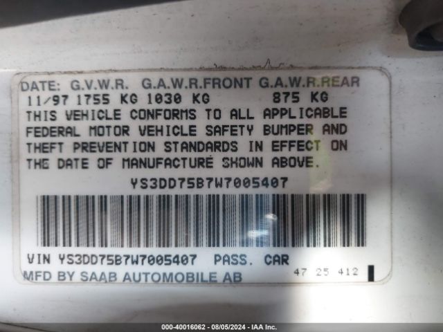 1998 SAAB 900 YS3DD75B7W7005407 Photo 8