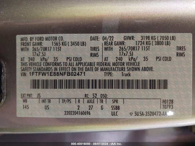 Ford F-150 Xlt 2022 1FTFW1E88NFB02471 Image 9