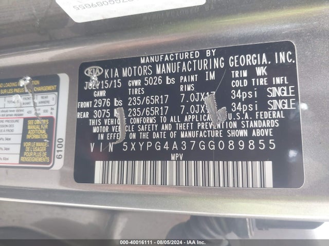 KIA Sorento 2.4l Lx 2016 5XYPG4A37GG089855 Image 9