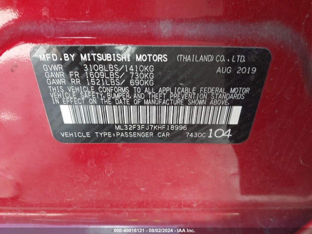 2019 MITSUBISHI MIRAGE G4 ML32F3FJ7KHF18996 Photo 8