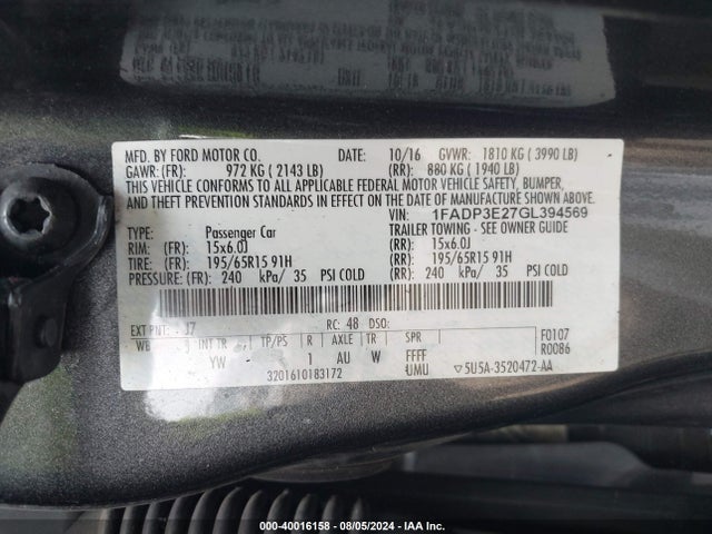Ford FOCUS S 2016 1FADP3E27GL394569 Image 9