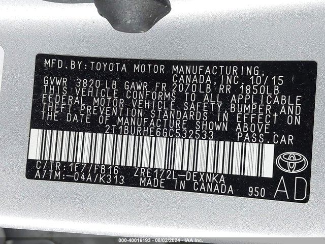 Toyota Corolla Le Plus 2016 2T1BURHE6GC532533 Image 9