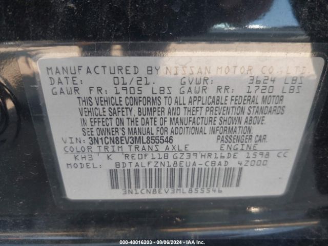 3N1CN8EV3ML855546 Nissan Versa Sv Xtronic Cvt