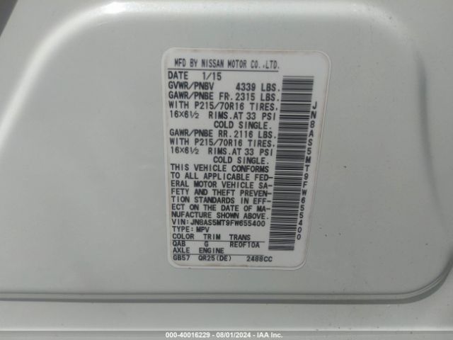 JN8AS5MT9FW655400 Nissan Rogue Select S