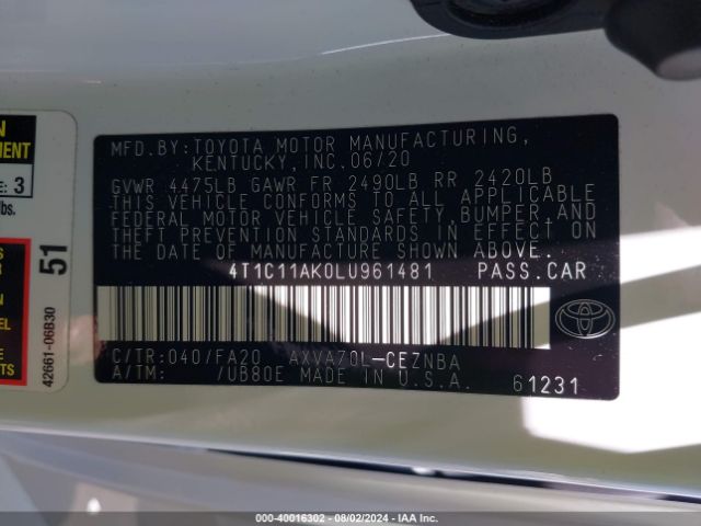 4T1C11AK0LU961481 Toyota CAMRY LE