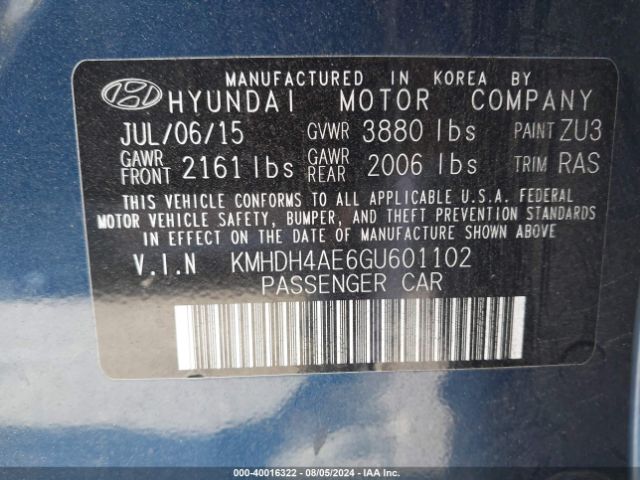 KMHDH4AE6GU601102 Hyundai ELANTRA SE