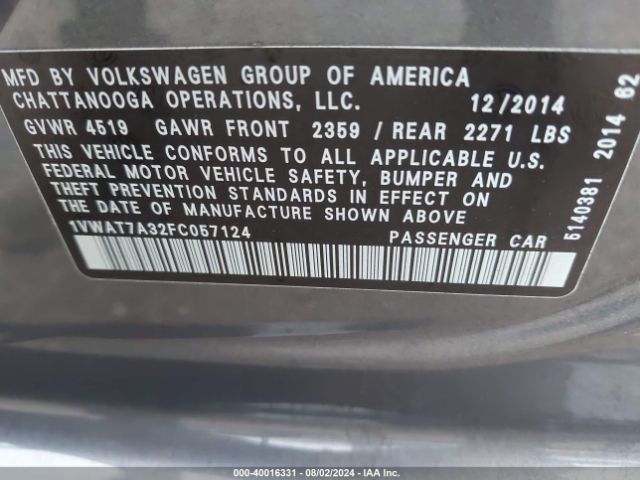 1VWAT7A32FC057124 Volkswagen Passat 1.8t Wolfsburg Edition