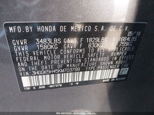 3HGGK5H45KM703799 Honda FIT LX