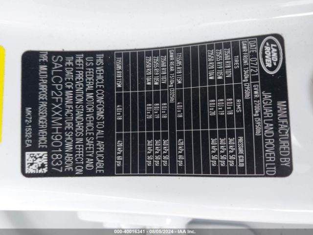 SALCP2FXXMH901837 Land Rover Discovery Sport Se