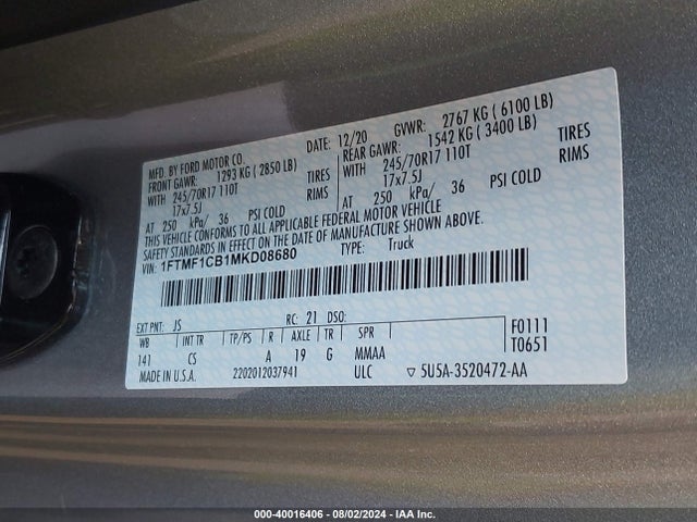 Ford F-150 Xl 2021 1FTMF1CB1MKD08680 Image 9