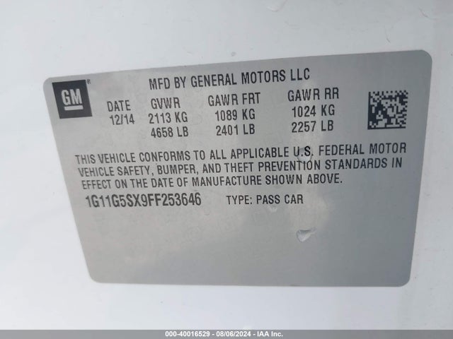 Chevrolet Malibu 2lz 2015 1G11G5SX9FF253646 Image 9