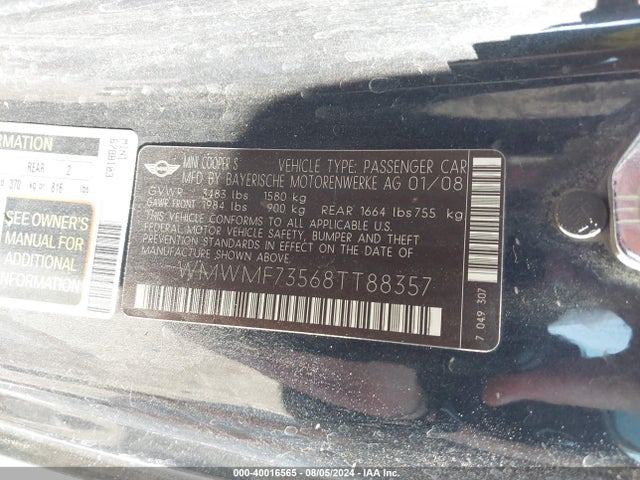 2008 MINI COOPER S WMWMF73568TT88357 Photo 8