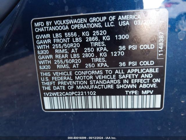 1V2WE2CA0PC221102 Volkswagen Atlas Cross Sport 3.6l V6 Se W/technology