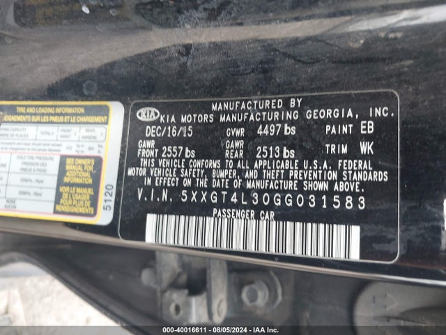 KIA Optima Lx 2016 5XXGT4L30GG031583 Image 9
