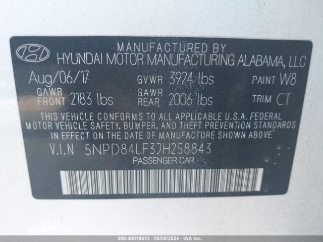 5NPD84LF3JH258843 Hyundai ELANTRA SEL