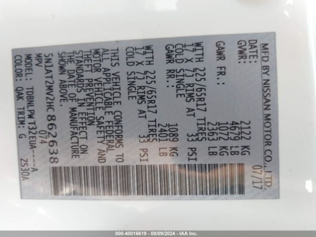 5N1AT2MV2HC862638 Nissan ROGUE S