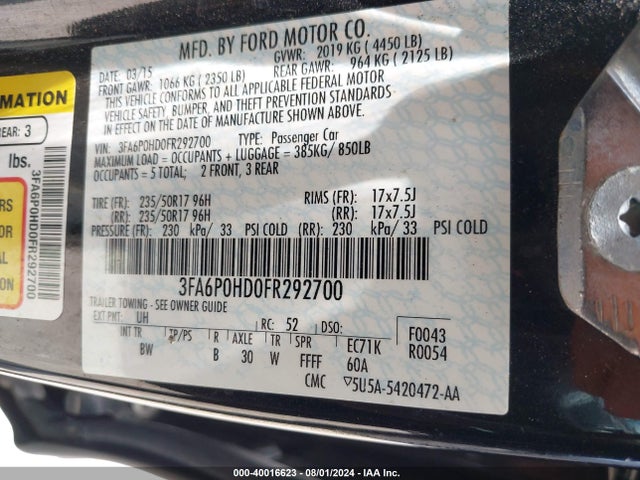 Ford FUSION SE 2015 3FA6P0HD0FR292700 Image 9