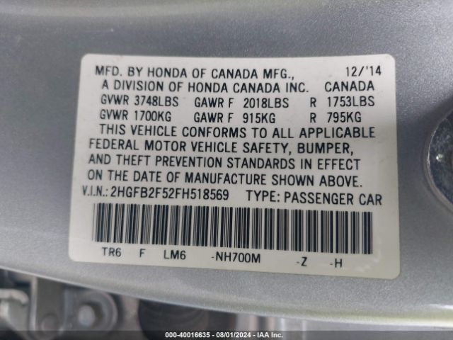 2HGFB2F52FH518569 Honda Civic Lx
