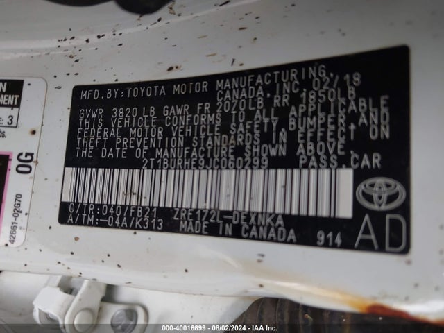 Toyota COROLLA LE 2018 2T1BURHE9JC060299 Image 9